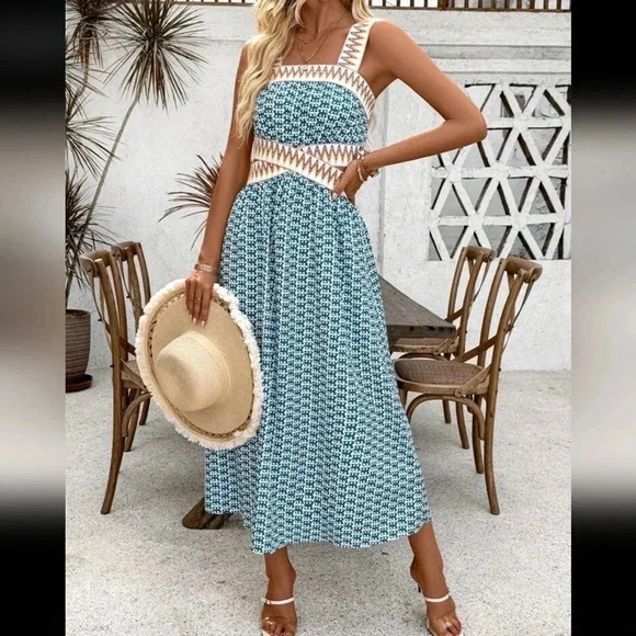 Holiday Casual Printed Patchwork Woven Belt Sleeveless Hollow Out Dr - Picture 1 of 6